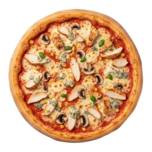 Pizza Al Pollo: paradajkový základ, syr, kur.mäso, šampióny, niva