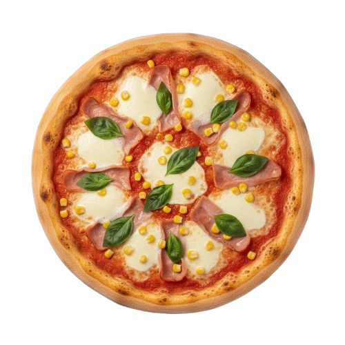 Pizza Cardinale: paradajkový základ, šunka, syr, kukurica