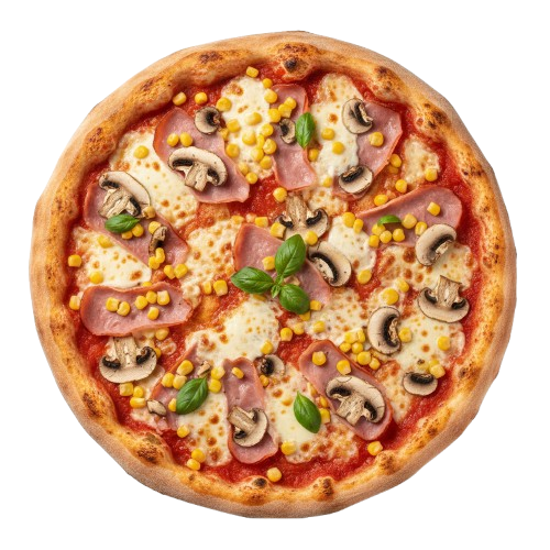 Pizza Classico: paradajkový základ, šunka, šampiony, kukurica, syr