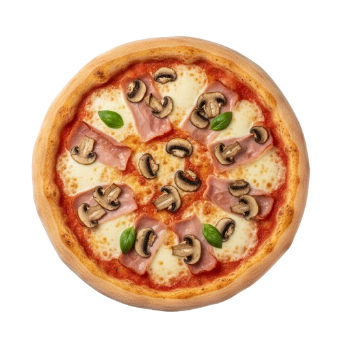 Pizza Funghi: paradajkový základ, šunka, syr, šampióny