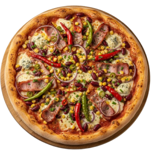 Pizza Mexicana: paradajkový základ, syr, oravská slanina, fazuľa, kukurica, feferóny, cibuľa