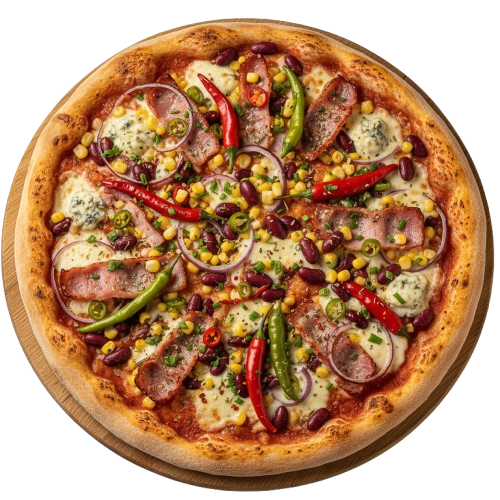 Pizza Mexicana: paradajkový základ, syr, oravská slanina, fazuľa, kukurica, feferóny, cibuľa