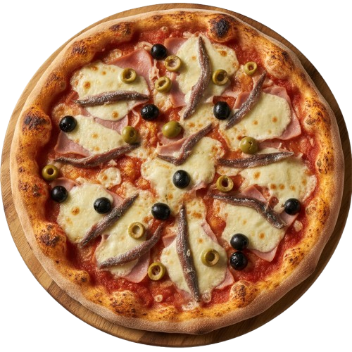 Pizza Mikado: paradajkový základ, šunka, sardely, parená mozzarella, olivy