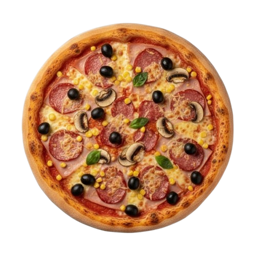 Mista Pizza: paradajkový základ, šunka, saláma, šampióny, kukurica, olivy, syr