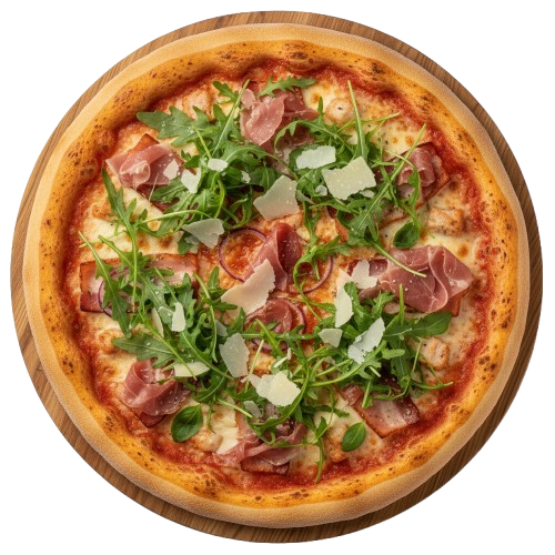 Pizza Prosciutto: paradajkový základ, talianska šunka, rucola, syr + 1 príloha podľa výberu