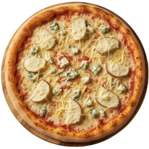 Pizza Quattro Formaggi Special: paradajkový základ, niva, eidam, udený syr, hermelín, parmezán