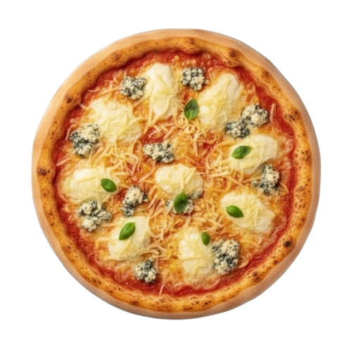 Quattro Formaggi Pizza: paradajkový základ, niva, eidam, udený syr, mozzarella