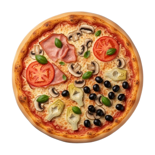 Pizza Quattro Stagioni: paradajkový základ, syr, šunka, šampiony, artičoky, olivy
