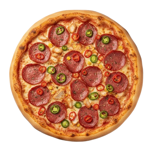 Salámová Pizza: paradajkový základ, syr, salama, feferóny