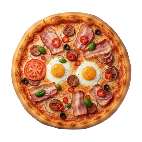 Sedliacka Pizza: paradajkový základ, syr, orav.slanina, klobasa, feferony, cibula, vajce
