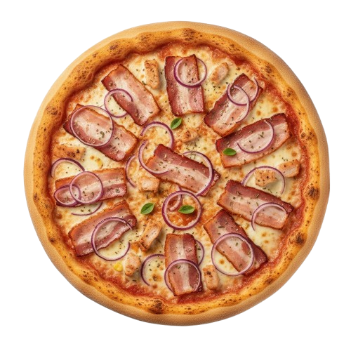 Pizza Speck: paradajkový základ, syr, orav. slanina, červená cibula