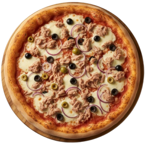 Tuniaková pizza: paradajkový základ, syr, tuniak, olivy, cibuľa