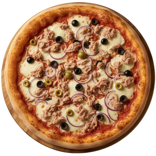 Tuniaková pizza: paradajkový základ, syr, tuniak, olivy, cibuľa