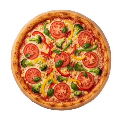 Pizza Vegetariana: paradajkový základ, syr, rajčina, paprika, brokolica, kukurica